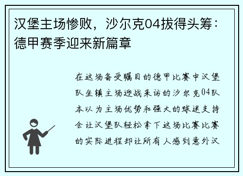 汉堡主场惨败，沙尔克04拔得头筹：德甲赛季迎来新篇章